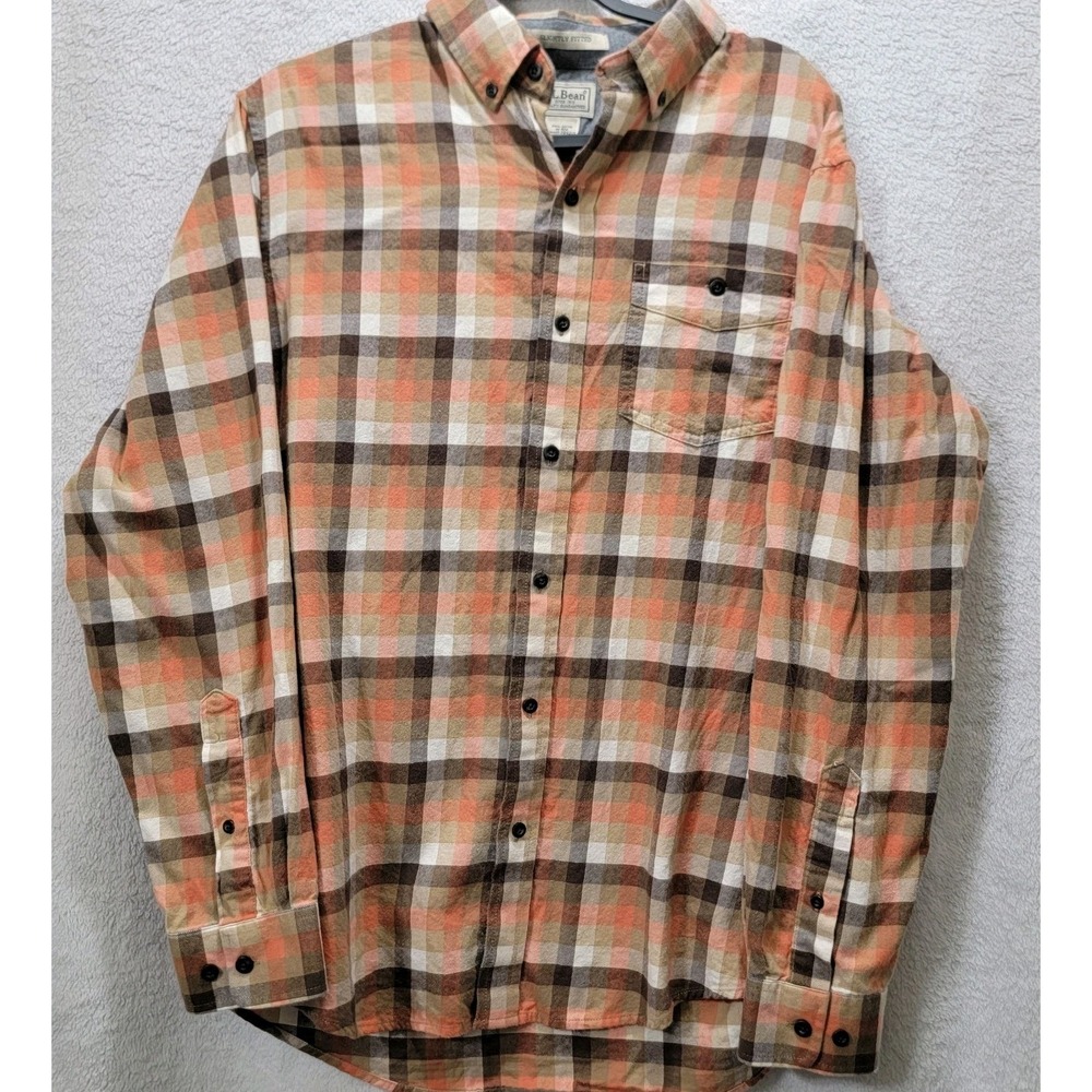 LL BEAN Mens Plaid Slightly Fitted‎ Flannel Shirt Size Medium Brown Orange